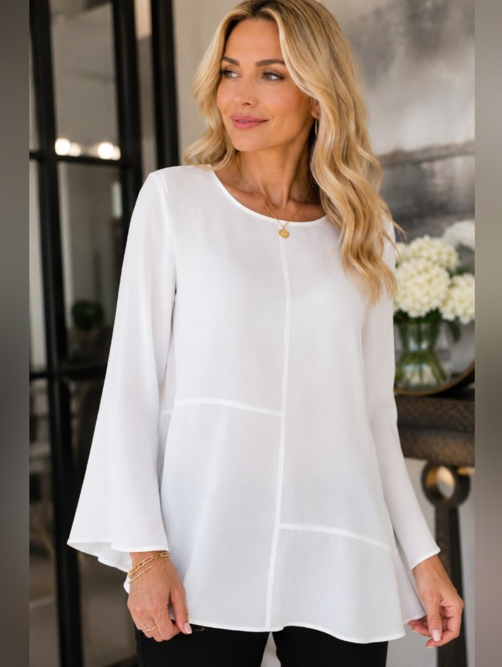 Ganji  Ivory Lightweight Knit Top with Flare Sleeves